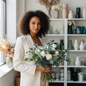 Professional florist holding fresh Silver Dollar Eucalyptus and Baby Blue Eucalyptus wedding greenery bouquet in floral studio preparation area.