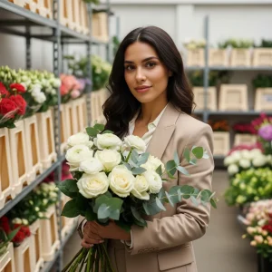 Woman holding fresh white wholesale roses in flower warehouse aisle, showcasing bulk wedding flowers available for online wholesale purchase and event planning.