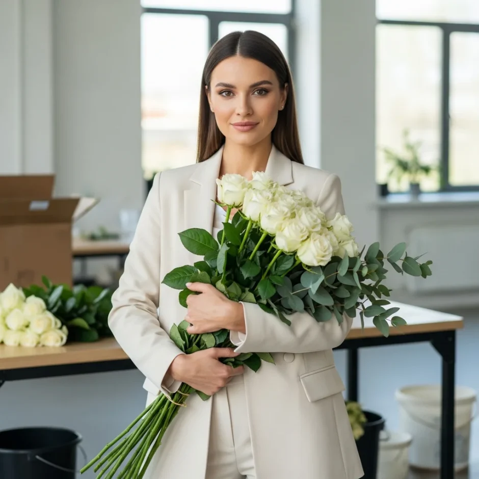 Business woman holding fresh bulk white roses and greenery in modern studio workspace for wholesale flower ordering.