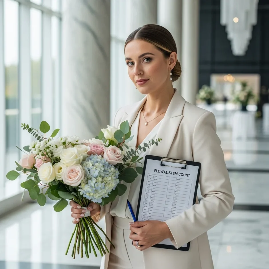 Wedding planner holding bulk roses and hydrangeas while reviewing wholesale flower order clipboard.