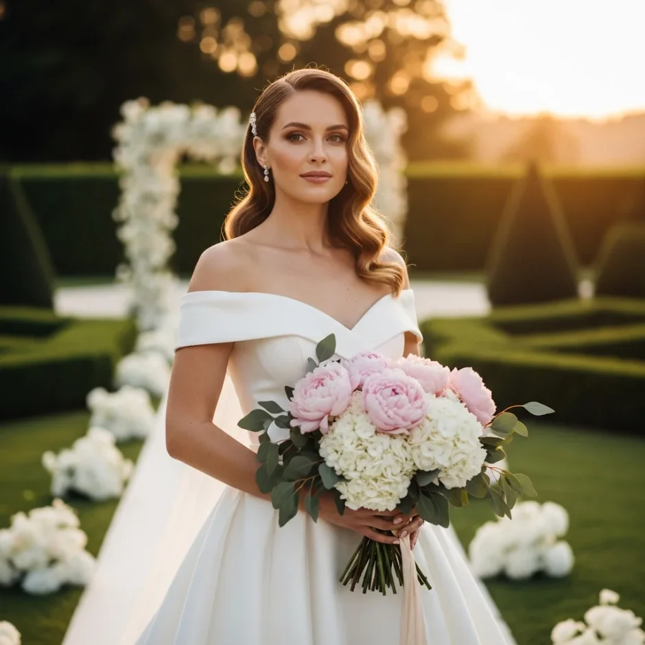 Bride holding blush peony and white hydrangea bouquet at sunset wedding ceremony showcasing bulk wedding flowers for elegant events.