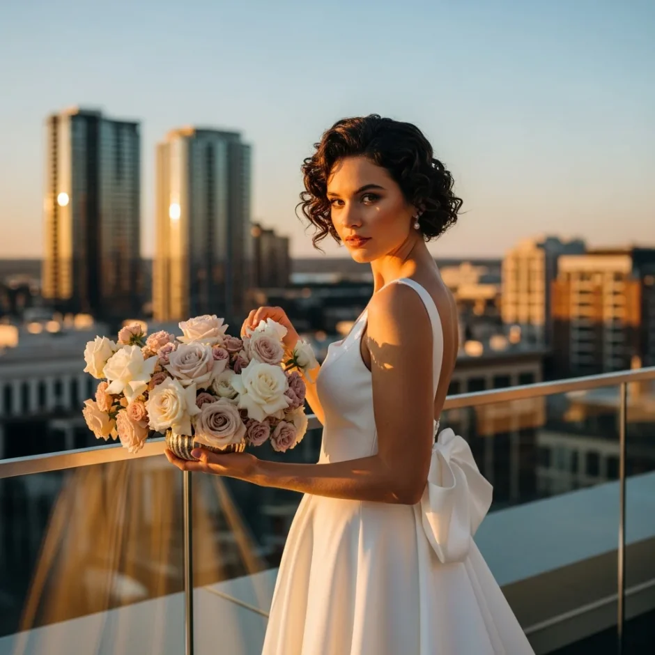 Bride holding ivory and blush rose wedding centerpiece on rooftop at sunset, showcasing bulk roses for elegant wedding centerpieces.