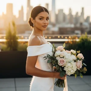 Bride holding blush and white rose bouquet on rooftop at sunset with city skyline, showcasing bulk wedding flowers and modern elegance.