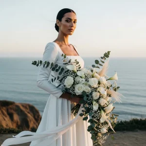 Modern bride on coastal cliff holding cascading white roses, calla lilies, and eucalyptus bouquet sourced from wholesale wedding flowers in bulk.