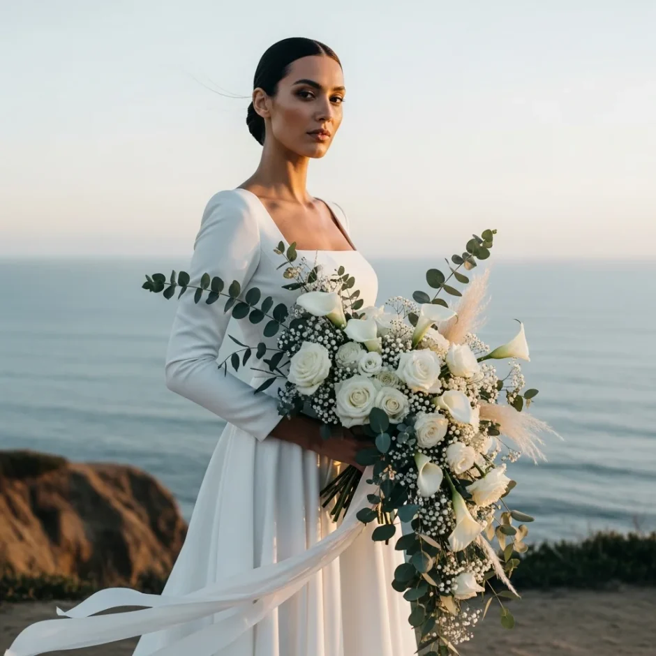 Modern bride on coastal cliff holding cascading white roses, calla lilies, and eucalyptus bouquet sourced from wholesale wedding flowers in bulk.