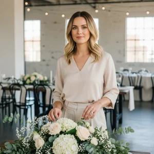 Woman arranging DIY wedding centerpieces with white hydrangeas, roses, baby’s breath, and eucalyptus on a reception table.