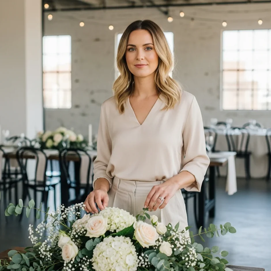 Woman arranging DIY wedding centerpieces with white hydrangeas, roses, baby’s breath, and eucalyptus on a reception table.