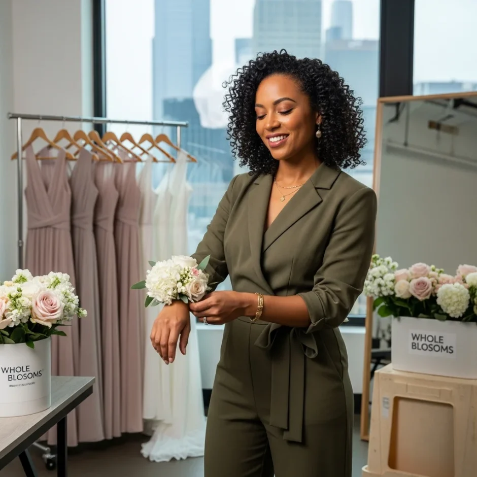 Smiling florist in a bright studio holding a bouquet of white hydrangeas, roses, and eucalyptus with wedding décor and flower displays behind her.