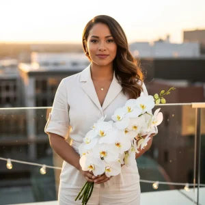 Elegant bride holding monochrome white orchid bouquet in modern loft wedding venue with natural light and minimalist decor.