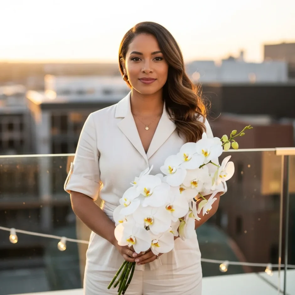 Elegant bride holding monochrome white orchid bouquet in modern loft wedding venue with natural light and minimalist decor.