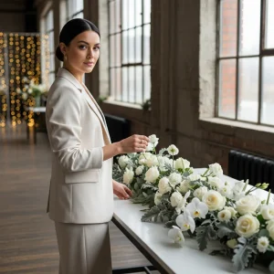 Wedding designer arranging a long white and greenery table garland with roses and eucalyptus in a bright loft venue with large windows and reception tables in the background.