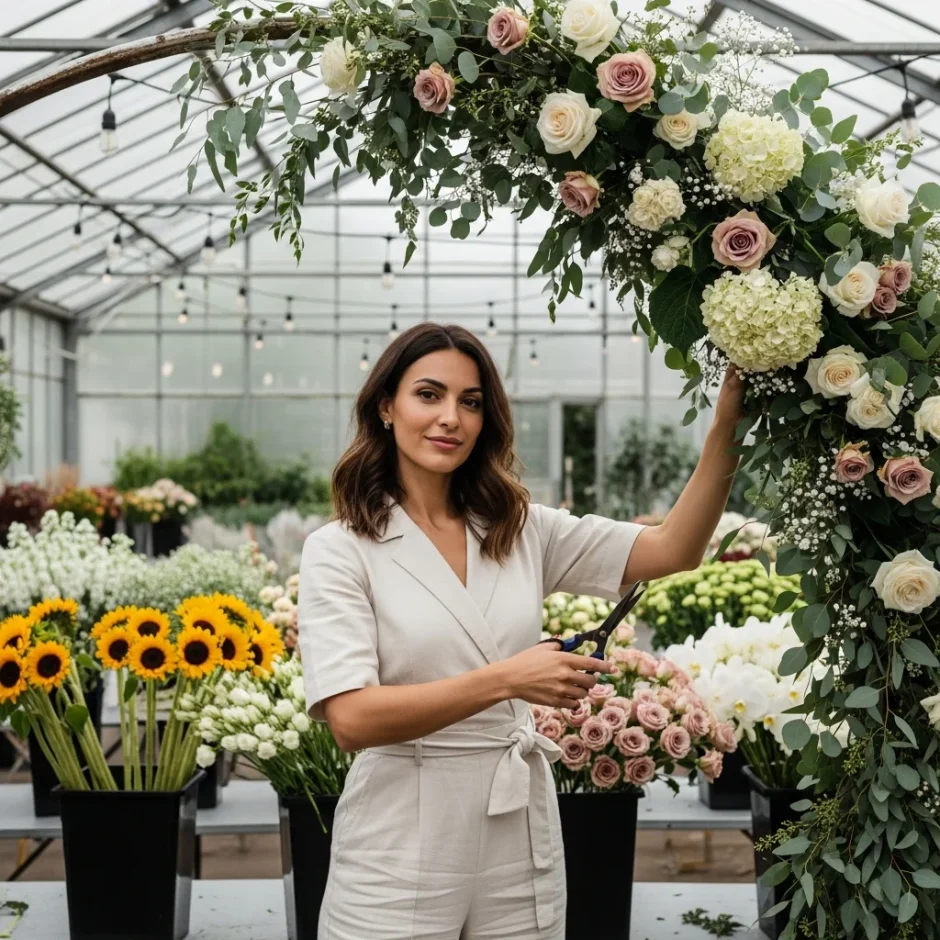 Woman arranging fresh wedding arch garland with roses, hydrangeas and eucalyptus in greenhouse floral workspace.