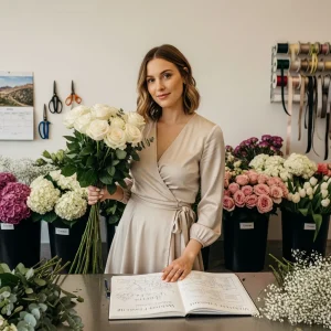 Bride arranging white and blush wedding bouquet on floral design table with roses, greenery, and fresh stems in bright studio workspace.