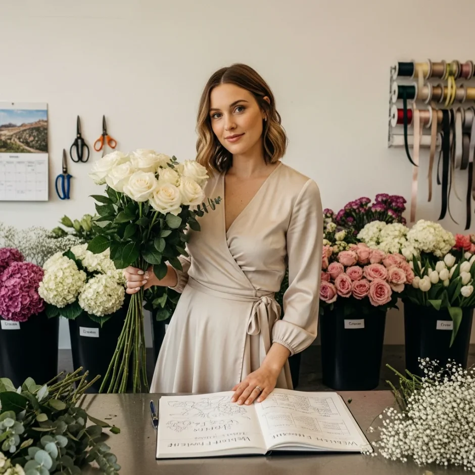Bride arranging white and blush wedding bouquet on floral design table with roses, greenery, and fresh stems in bright studio workspace.