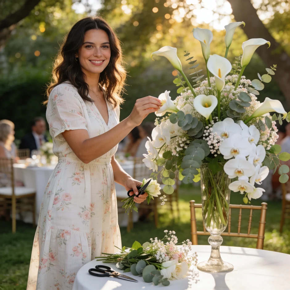Woman arranging heat-tolerant wedding flowers outdoors with orchids, roses, and eucalyptus in a summer garden setting.