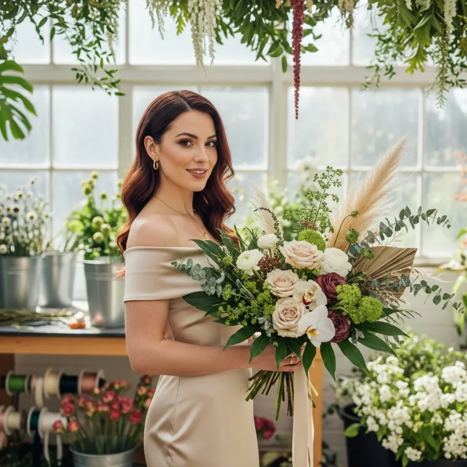 Bride holding a bouquet blending fresh roses and greenery with dried pampas grass and preserved flowers in a bright greenhouse setting.
