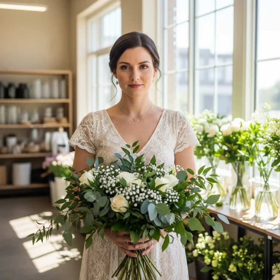 Bride holding greenery-focused wedding bouquet with eucalyptus, roses, and baby’s breath in bright floral studio, demonstrating budget-friendly wedding flowers using greenery.