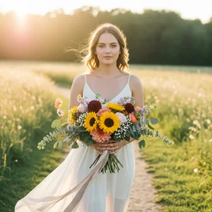 Bride holding DIY wildflower wedding bouquet with sunflowers, roses, dahlias, and greenery in a summer meadow, showcasing fresh wholesale flowers for rustic weddings.