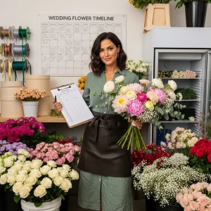 Florist holding fresh wholesale flowers bouquet in flower shop preparing bulk flowers for wedding arrangements and event floral design.