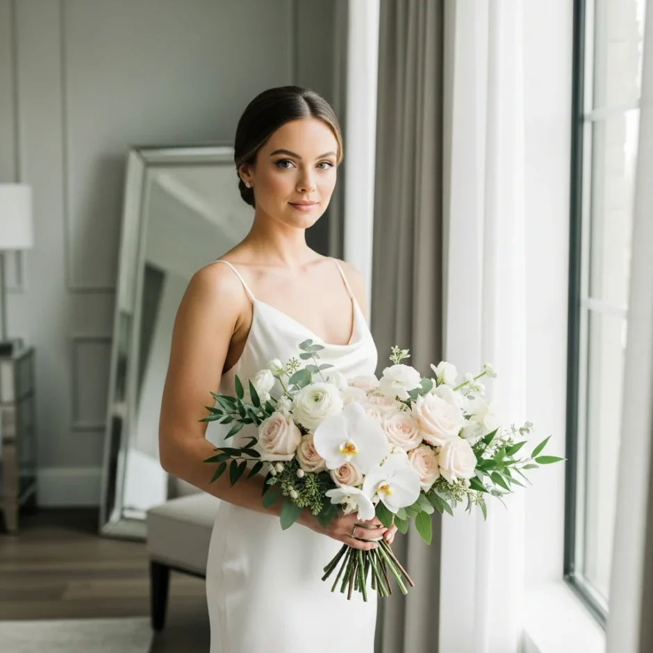 Bride holding fresh bridal bouquet of Roses, Ranunculus, Orchids and Greenery prepared to last all day wedding timeline hydration and preservation
