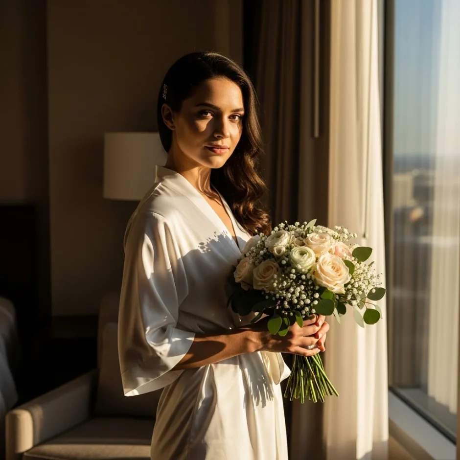 Beautiful bride holding fresh bridal bouquet of Roses, Ranunculus, Baby’s Breath, and Eucalyptus near window preparing wedding flowers to last all day