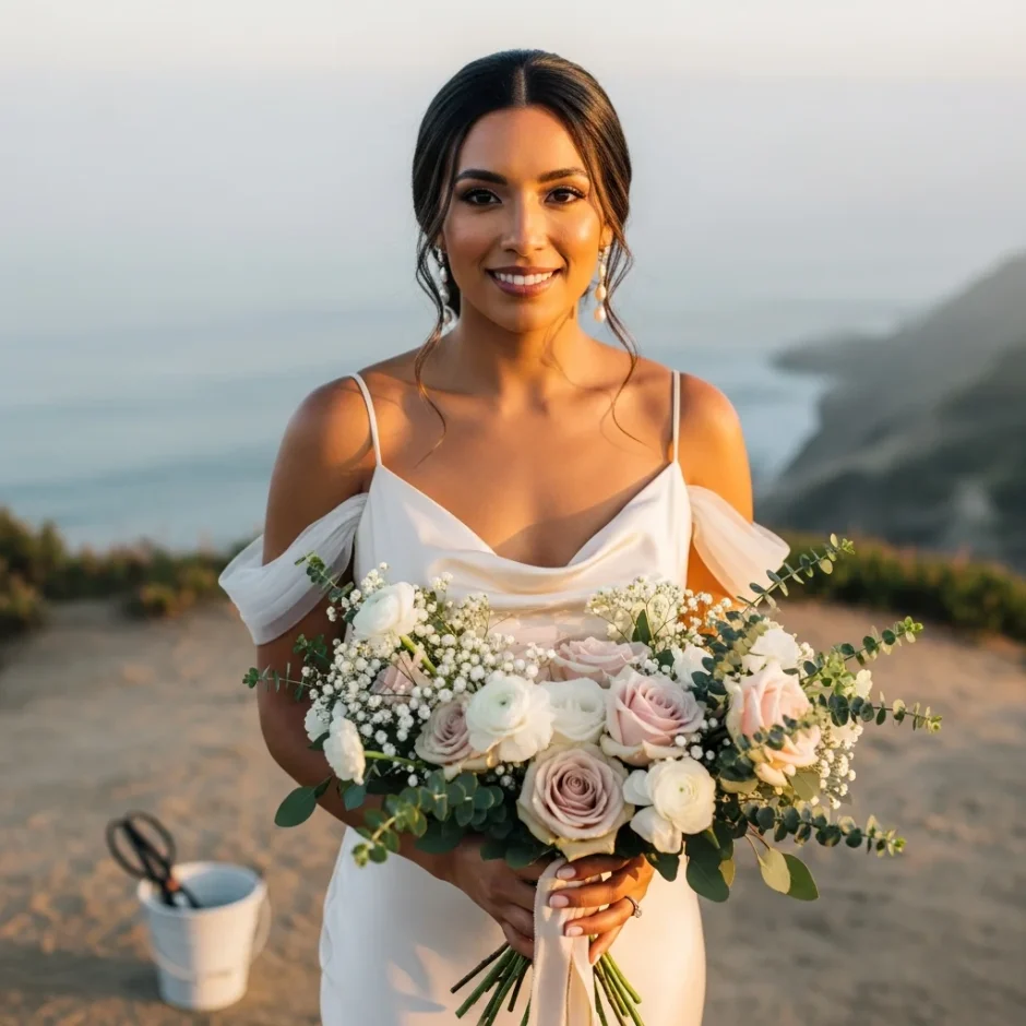 Bride holding blush roses and ranunculus bouquet at coastal sunrise wedding, DIY bulk wedding flowers arranged with eucalyptus and baby’s breath.