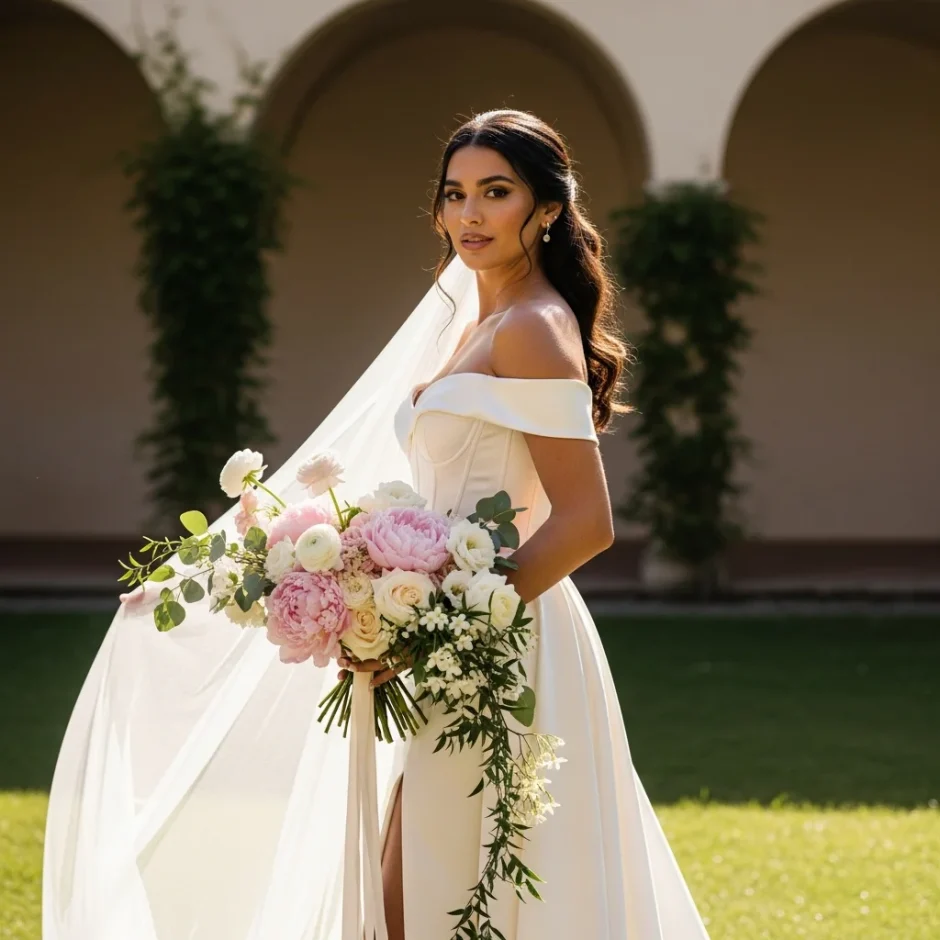 Bride in champagne satin gown holding lush peony wedding bouquet at Italian villa courtyard reception, wholesale peonies for wedding centerpieces.