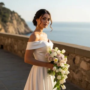 Bride holding cascading white tulip wedding bouquet on coastal cliff terrace, early spring wedding flowers arranged from bulk wholesale tulips.
