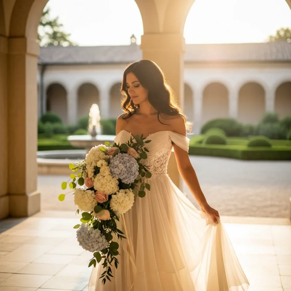 Bride holding cascading hydrangea wedding bouquet in elegant courtyard, showcasing wholesale hydrangeas ideal for large wedding centerpieces.