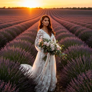 Bride standing in lavender field holding bouquet of wholesale wedding flowers including roses and ranunculus, inspiration for DIY wedding bouquets and bulk wedding flowers.