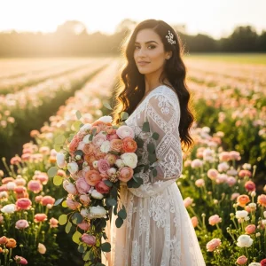 Bride walking through blooming ranunculus flower field holding spring wedding bouquet, inspiration for buying ranunculus in bulk for weddings.