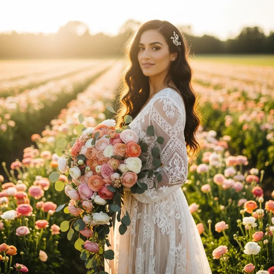 Bride walking through blooming ranunculus flower field holding spring wedding bouquet, inspiration for buying ranunculus in bulk for weddings.