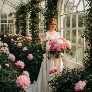 Bride holding bouquet of blush and white peonies in greenhouse, inspiration for buying wholesale peonies for wedding flowers.