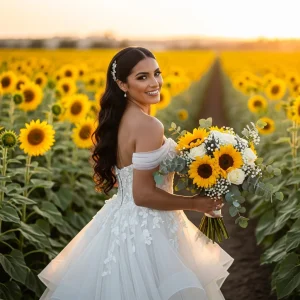 Bride holding sunflower bouquet in a sunflower field, inspiration for bulk sunflowers for outdoor weddings and DIY wedding flowers.