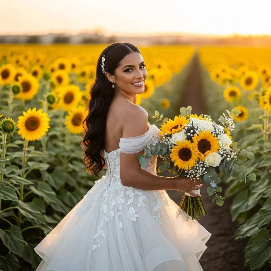 Bride holding sunflower bouquet in a sunflower field, inspiration for bulk sunflowers for outdoor weddings and DIY wedding flowers.