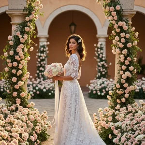 Bride standing beneath a romantic carnation wedding arch holding a bouquet of blush and white carnations, elegant garden ceremony decorated with bulk wedding flowers and greenery.
