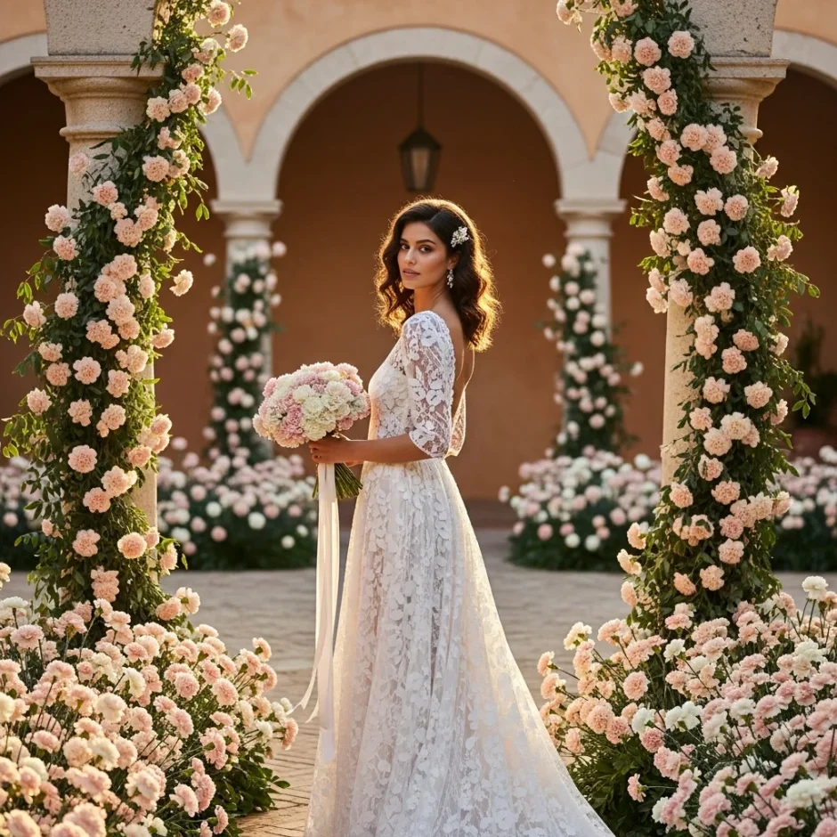Bride standing beneath a romantic carnation wedding arch holding a bouquet of blush and white carnations, elegant garden ceremony decorated with bulk wedding flowers and greenery.