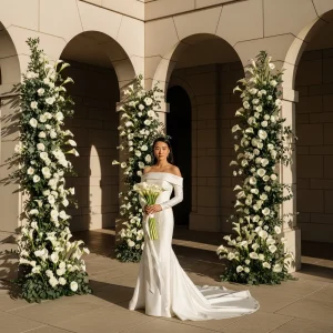 Elegant bride standing beneath a romantic floral arch of soft pink and white wedding flowers in a Mediterranean courtyard, holding a bouquet of fresh carnations and roses.