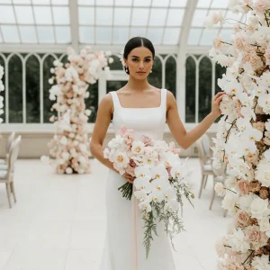 Luxury bride standing in a bright glass conservatory holding a cascading bouquet of white phalaenopsis orchids and greenery, surrounded by elegant orchid arrangements for a sophisticated wedding setting.