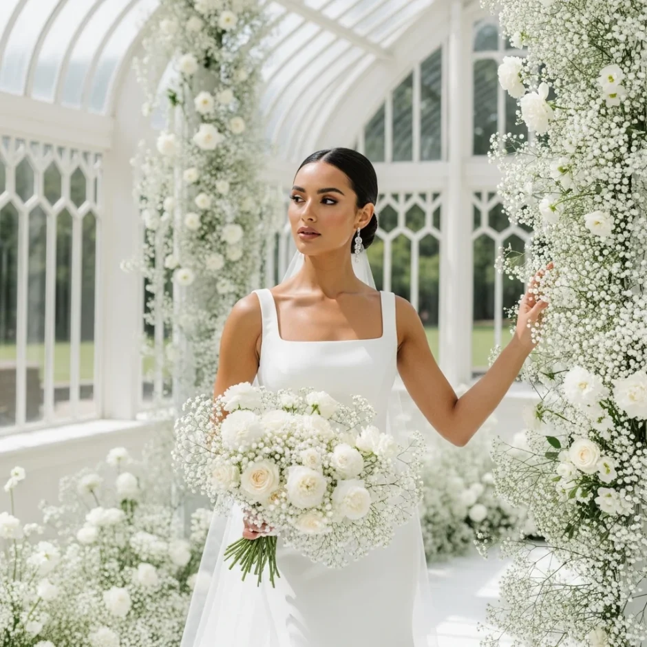 DIY bride in a modern satin wedding dress holding a large baby’s breath bouquet in a glass conservatory filled with airy white baby’s breath floral installations, showcasing bulk wedding flower inspiration for DIY brides.