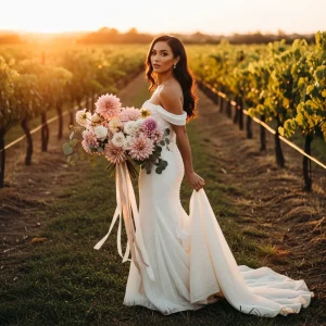 Bride in an off-shoulder ivory wedding gown walking through a golden vineyard at sunset holding a lush bouquet of blush, peach, and café-au-lait dahlias for a late summer wedding.