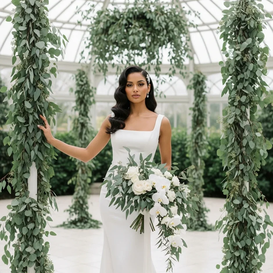 eucalyptus wedding installation greenery backdrop with bride holding eucalyptus bouquet.