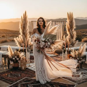 boho wedding bride with pampas grass installations and bulk pampas wedding decor.