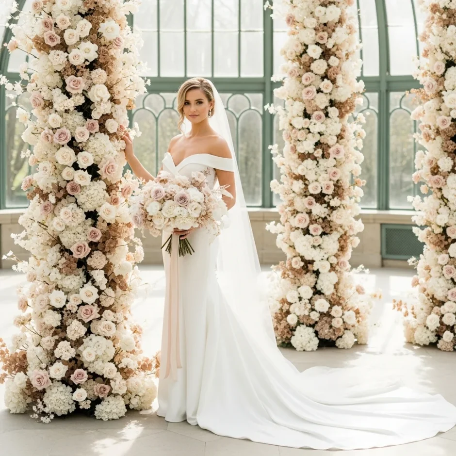 Bride holding preserved rose bouquet in glass conservatory with elegant preserved flower columns, showcasing long-lasting wedding decor inspiration.