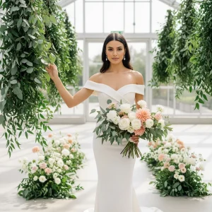 Bride in a bright greenhouse beside lush hanging greenery, holding a bouquet of roses and foliage for a luxury wedding floral design.