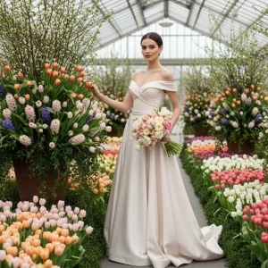 Elegant bride in greenhouse with pastel wedding bouquet surrounded by fresh flowers and greenery arrangements.