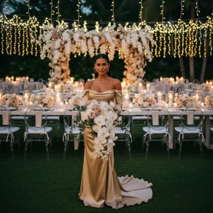 Elegant bride in champagne gown beneath cascading white orchid floral décor at a luxurious wedding reception setup.