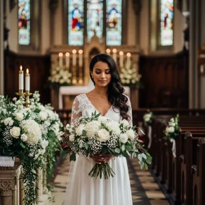 Beautiful woman in an ivory gown holding white altar flowers inside a historic church sanctuary with stained glass and lush floral arrangements.