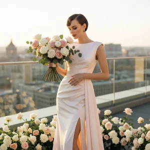 Elegant bride in a blush satin gown holding a rose bouquet on a rooftop terrace with a city skyline and romantic wedding florals.