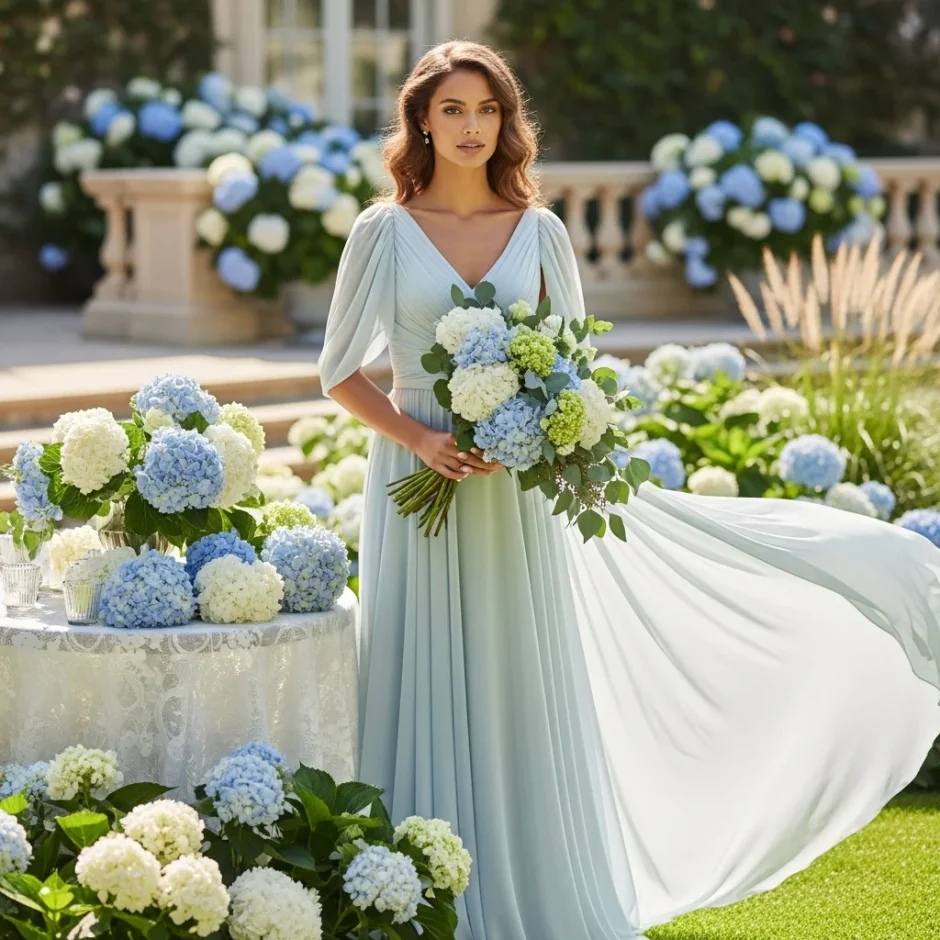 Beautiful woman in a flowing pale blue gown holding a hydrangea bouquet in a sunlit coastal garden with lush blue and white hydrangea arrangements.